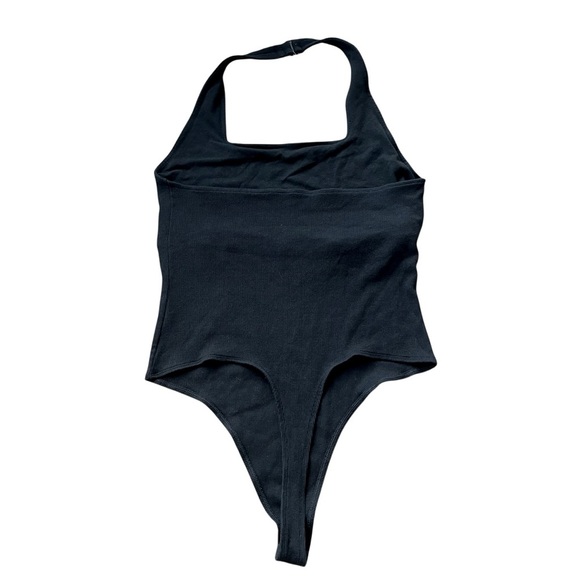 American Eagle Black Ribbed Halter Bodysuit XL Adjustable Back Snap Closure - Picture 2 of 9